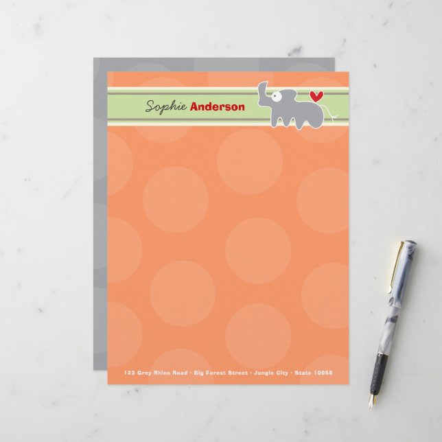 Niedlicher Cartoon Gray Rhinoceros Orange Polka Do Briefbogen (Vorderseite/Rückseite Beispiel)