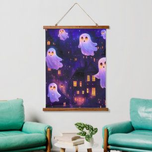 Niedlicher Cartoon Halloween Mitternachtsflieger Wandteppich Mit Holzrahmen
