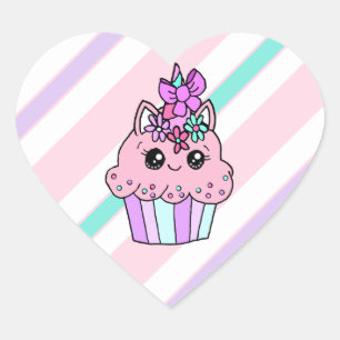 Niedlicher Cartoon Herz Unicorn Cupcake Herz-Aufkleber