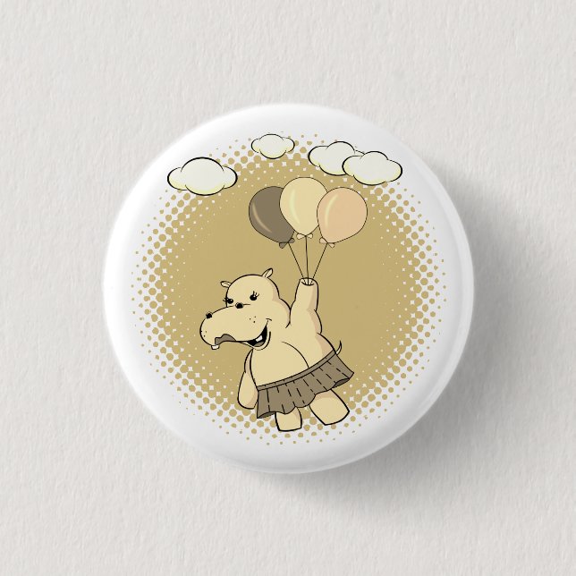 Niedlicher Cartoon Hippo Flug mit Balloons Button (Vorderseite)