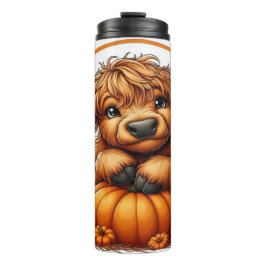 Niedlicher Cartoon Hochlandkuh mit Pumpkins Thermosbecher