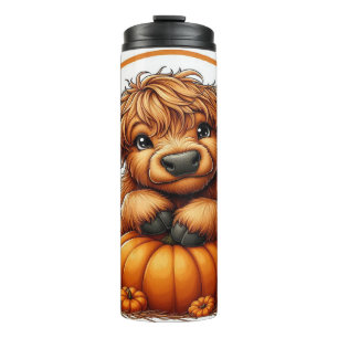 Niedlicher Cartoon Hochlandkuh mit Pumpkins Thermosbecher