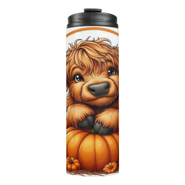 Niedlicher Cartoon Hochlandkuh mit Pumpkins Thermosbecher (Vorderseite)