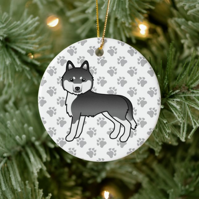 Niedlicher Cartoon-Hund aus schwarz-weißem sibiris Keramik Ornament (Baum)