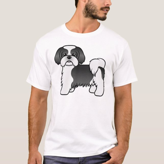 Niedlicher Cartoon-Hund mit schwarzem und weißem S T-Shirt (Vorderseite)
