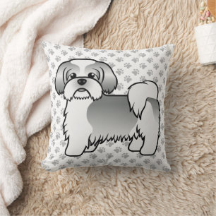 Niedlicher Cartoon Hund & Paws aus Silber und Weiß Kissen