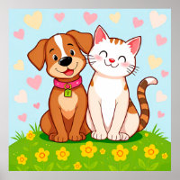 Niedlicher Cartoon Hund und Katze zusammensitzen
