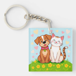 Niedlicher Cartoon Hund und Katze zusammensitzen Schlüsselanhänger