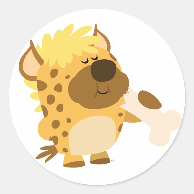 Niedlicher Cartoon Hyena, der einen Knochenaufkleb Runder Aufkleber (Vorderseite)