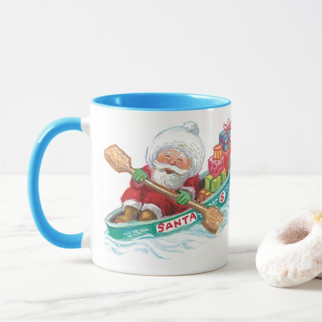 Niedlicher Cartoon Jolly Santa Claus in einem Rude Tasse (Mit Donut)