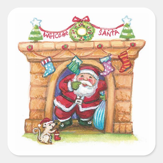 Niedlicher Cartoon Jolly Santa Claus kommt den Sch Quadratischer Aufkleber (Vorderseite)