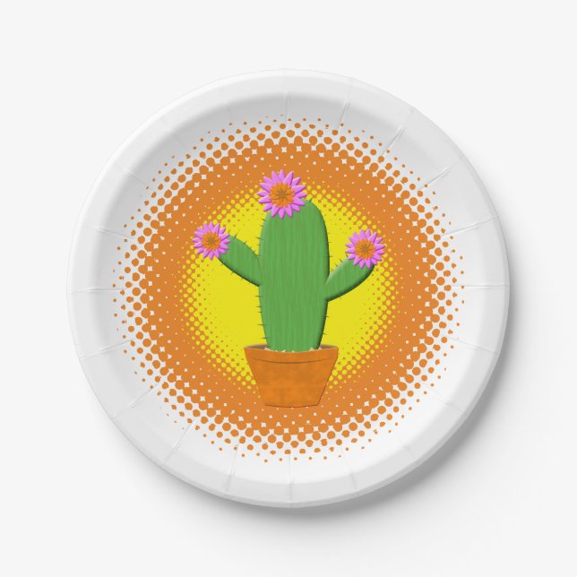 Niedlicher Cartoon Kaktus mit rosa Blume Pappteller (Vorderseite)