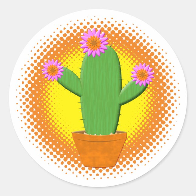 Niedlicher Cartoon Kaktus mit rosa Blume Runder Aufkleber (Vorderseite)
