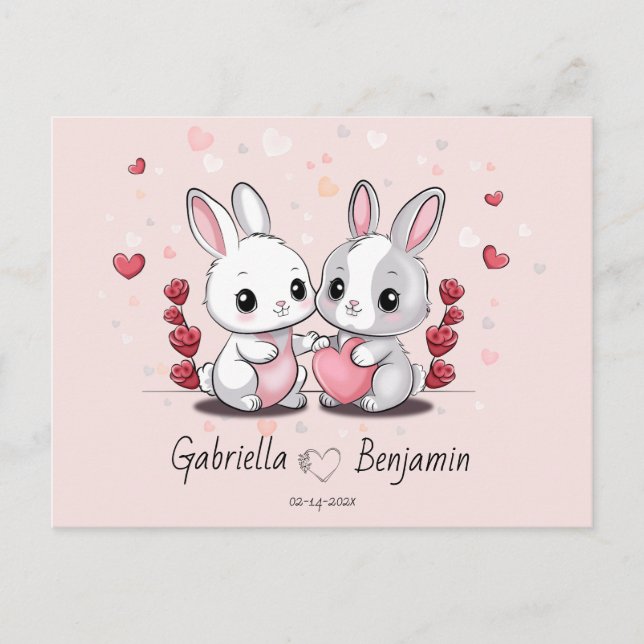 Niedlicher Cartoon Kaninchenliebe HerzValentinstag Postkarte (Vorderseite)