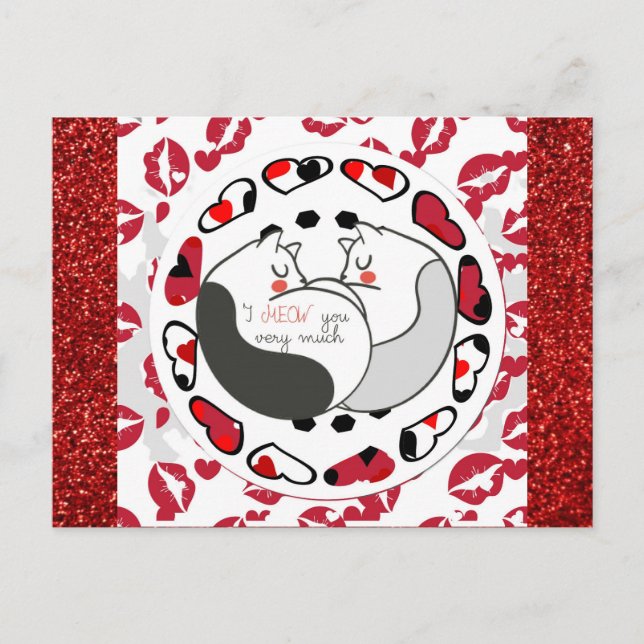 Niedlicher Cartoon Katze Liebe Roter Glitzer Postkarte (Vorderseite)