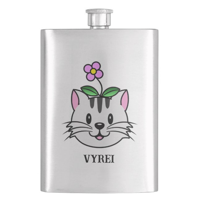 Niedlicher Cartoon Katze mit Blume auf ihrem Kopf Flachmann (Vorderseite)