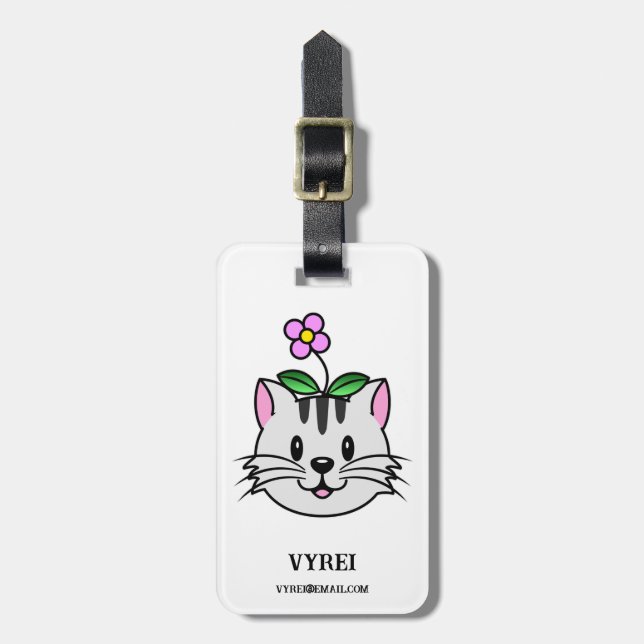 Niedlicher Cartoon Katze mit Blume auf ihrem Kopf Gepäckanhänger (Vorderseite vertikal)