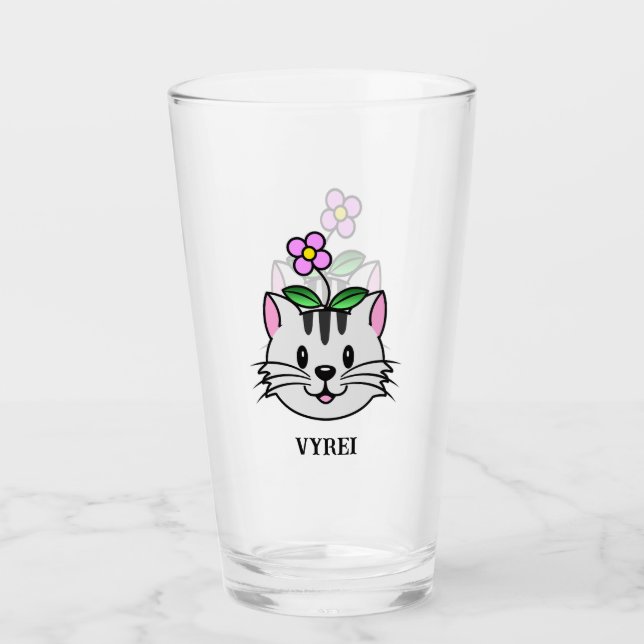 Niedlicher Cartoon Katze mit Blume auf ihrem Kopf Glas (Vorderseite)