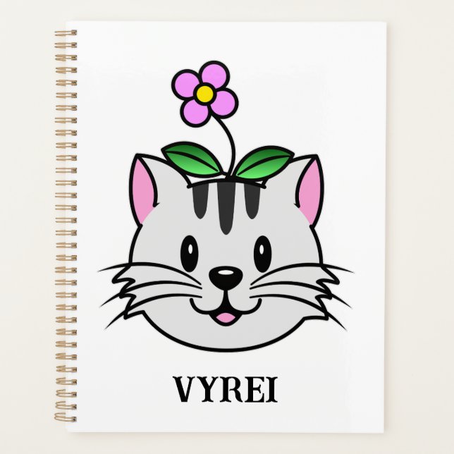 Niedlicher Cartoon Katze mit Blume auf ihrem Kopf Planer (Vorderseite)