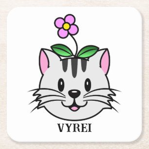 Niedlicher Cartoon Katze mit Blume auf ihrem Kopf Rechteckiger Pappuntersetzer