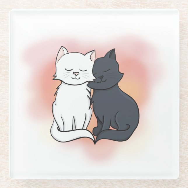Niedlicher Cartoon Katzen in der Liebe Glasuntersetzer (Vorderseite)