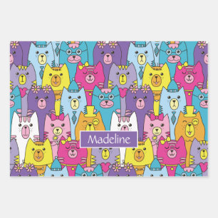 Niedlicher Cartoon Katzen Muster Personalisiert Geschenkpapier Set