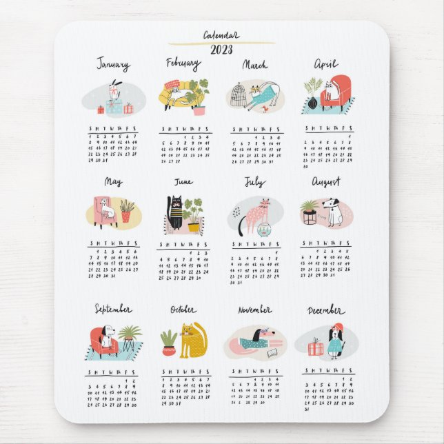 Niedlicher Cartoon Katzen und Hunde - Kalender 202 Mousepad (Vorne)