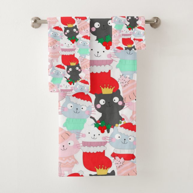 Niedlicher Cartoon Katzen Weihnachtsmuster Badhandtuch Set (Insitu)