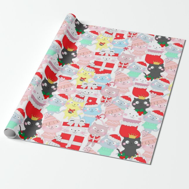 Niedlicher Cartoon Katzen Weihnachtsmuster Geschenkpapier (Ungerollt)