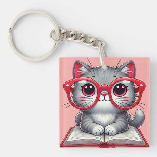 Niedlicher Cartoon Katzenbrille tragen Schlüsselanhänger