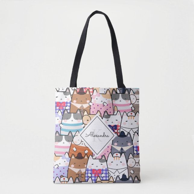 Niedlicher Cartoon Katzenkätzchen Muster Monogramm Tasche (Vorderseite)