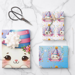 Niedlicher Cartoon Kawaii Kitty Cat Happy Birthday Geschenkpapier Set