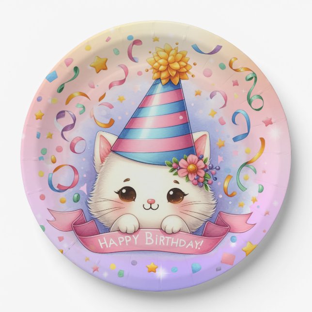 Niedlicher Cartoon Kawaii Kitty Cat Happy Birthday Pappteller (Vorderseite)