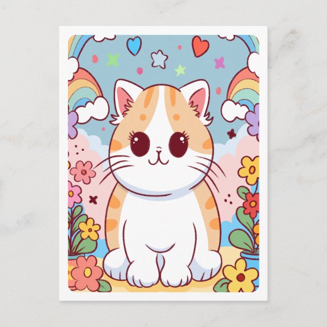 Niedlicher Cartoon Kitty Cat, Blume, Regenbogen Postkarte (Vorderseite)