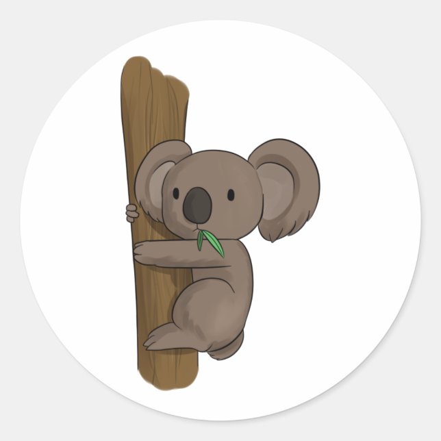 Niedlicher Cartoon Koala Bär am Baum Eating Eukaly Runder Aufkleber (Vorderseite)