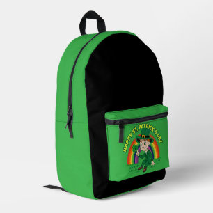 Niedlicher Cartoon-Kobold mit Kleeblatt und Regenb Bedruckter Rucksack