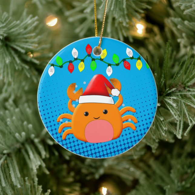 Niedlicher Cartoon Krabben Weihnachtsmannmütze Wei Keramik Ornament (Baum)