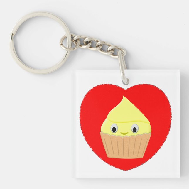 Niedlicher Cartoon Lemon Cupcake im roten Herzen Schlüsselanhänger (Vorderseite)