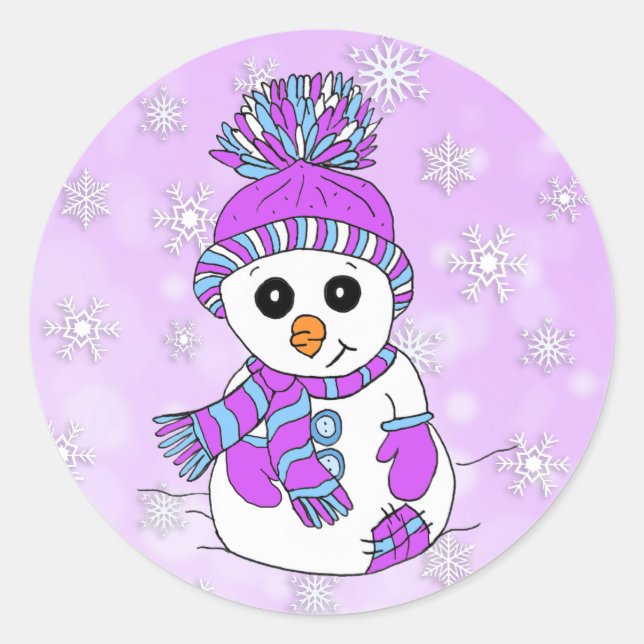 Niedlicher Cartoon Lila Snowman Snowflakes Weihnac Runder Aufkleber (Vorderseite)