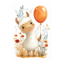Niedlicher Cartoon Llama Holding Orange Balloon Po