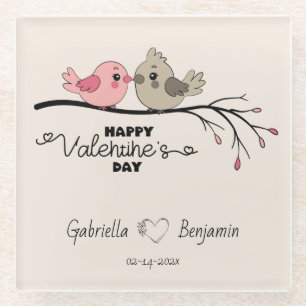 Niedlicher Cartoon Lovebirds auf dem Ast Valentins Glasuntersetzer