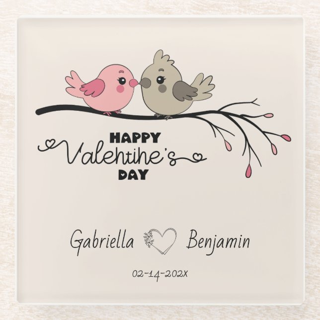 Niedlicher Cartoon Lovebirds auf dem Ast Valentins Glasuntersetzer (Vorderseite)