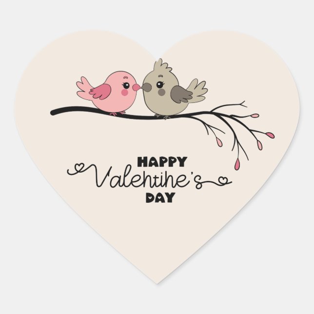 Niedlicher Cartoon Lovebirds auf dem Ast Valentins Herz-Aufkleber (Vorderseite)
