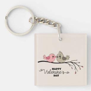 Niedlicher Cartoon Lovebirds auf dem Ast Valentins Schlüsselanhänger