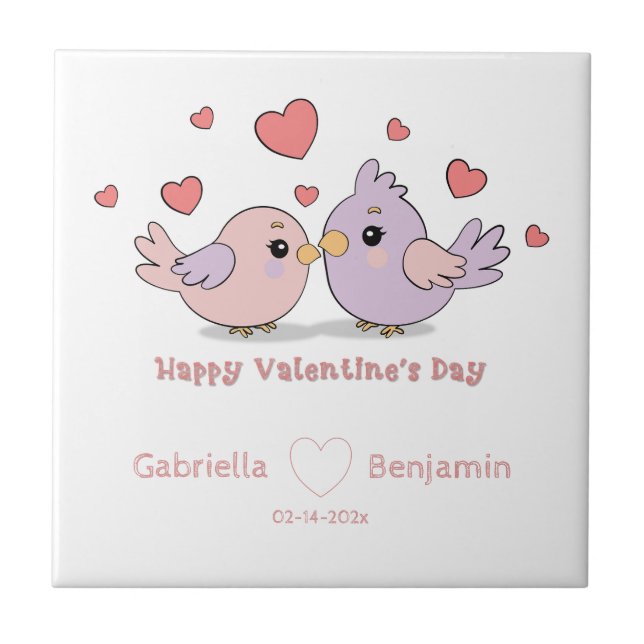 Niedlicher Cartoon Lovebirds Rosa Herzchen Valenti Fliese (Vorderseite)