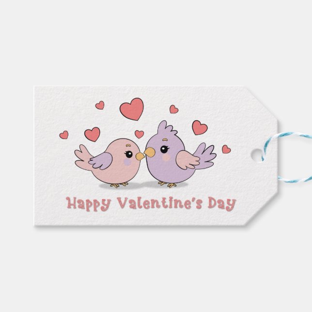 Niedlicher Cartoon Lovebirds Rosa Herzchen Valenti Geschenkanhänger (Vorderseite (Horizontal))