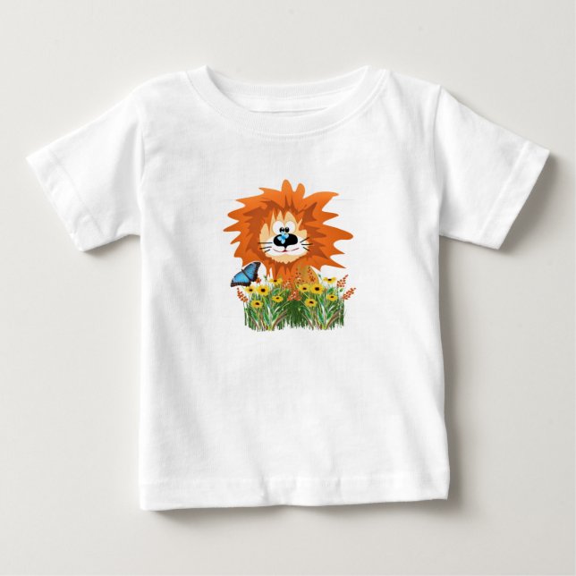 Niedlicher Cartoon Löwe im Blumengarten Baby T-shirt (Vorderseite)