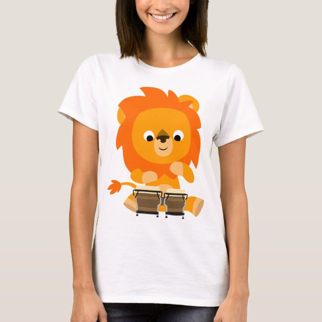 Niedlicher Cartoon Löwe spielen Bongos T - Shirt (Vorderseite)