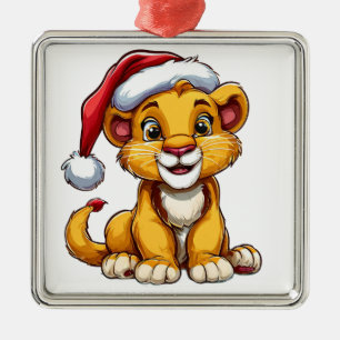 Niedlicher Cartoon-Löwenjunge mit Weihnachtsmannmü Ornament Aus Metall