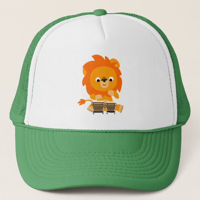 Niedlicher Cartoon Löwenzettel Bongos Trucker Hat Truckerkappe (Vorderseite)